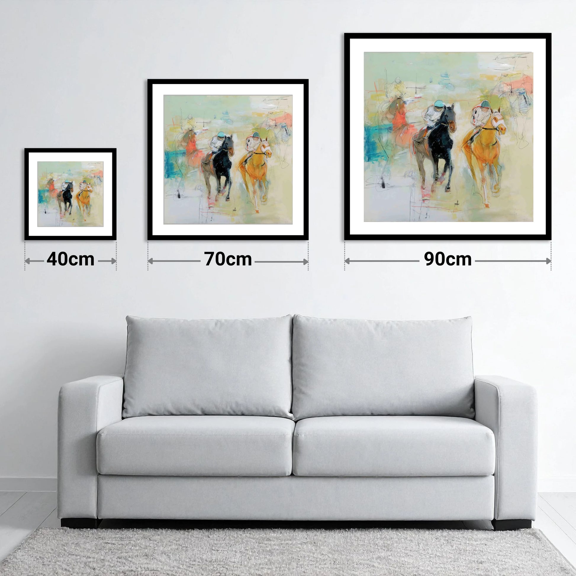 Thundering Strides - size guide showing 40cm, 70cm and 90cm art prints