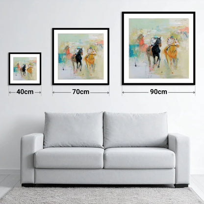 Thundering Strides - size guide showing 40cm, 70cm and 90cm art prints