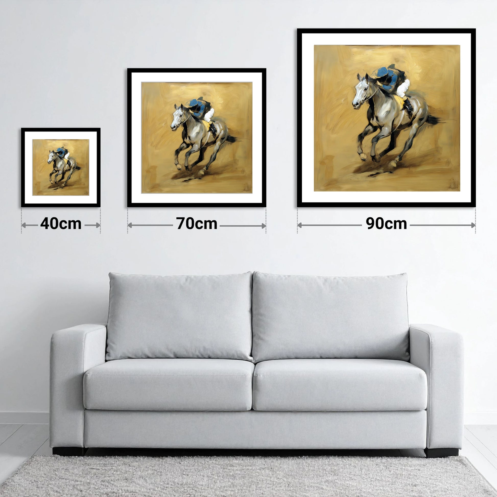 The Grey Challenger - size guide showing 40cm, 70cm and 90cm art prints