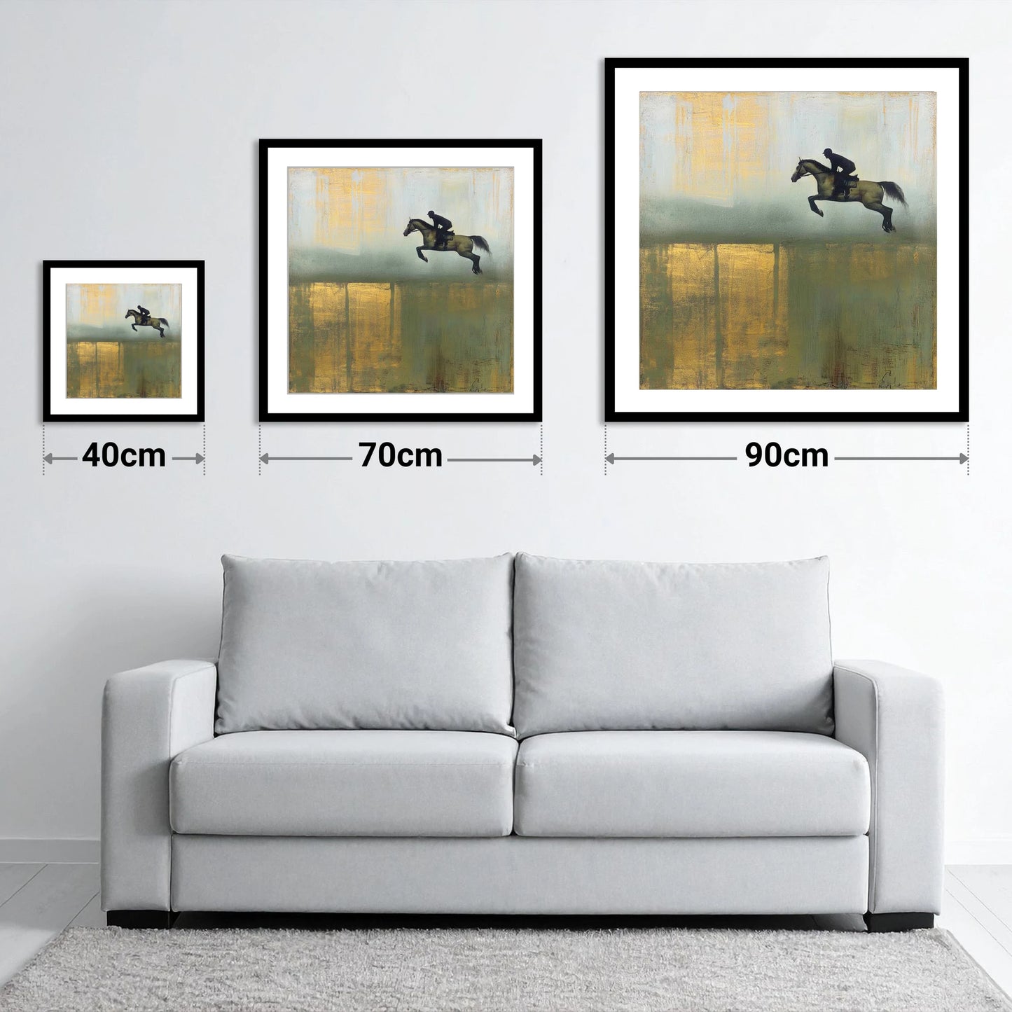 Gilded Suspension - size guide showing 40cm, 70cm and 90cm art prints