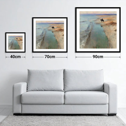 Coastal Solitude - size guide showing 40cm, 70cm and 90cm art prints