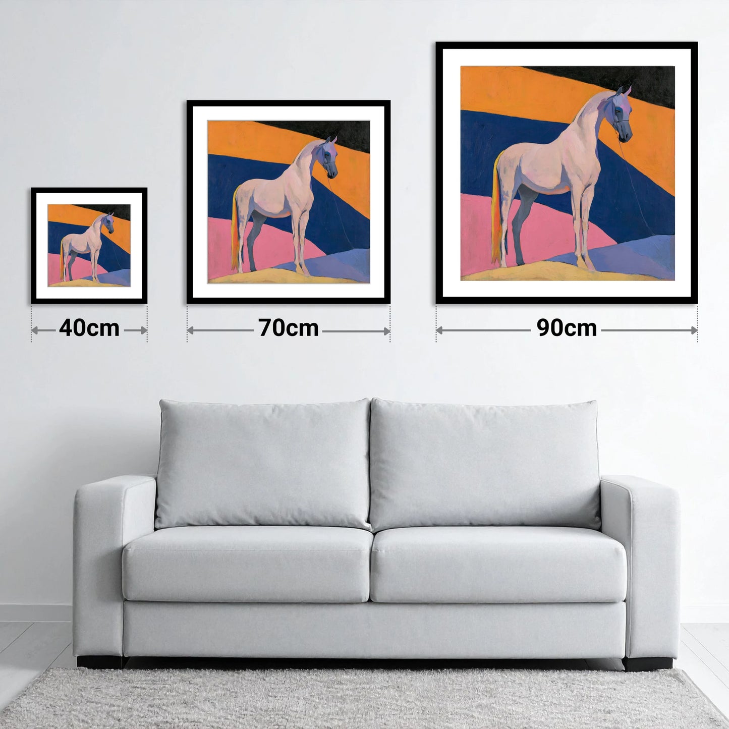 Grey Arabian Against Geometric Colours - size guide showing 40cm, 70cm and 90cm art prints