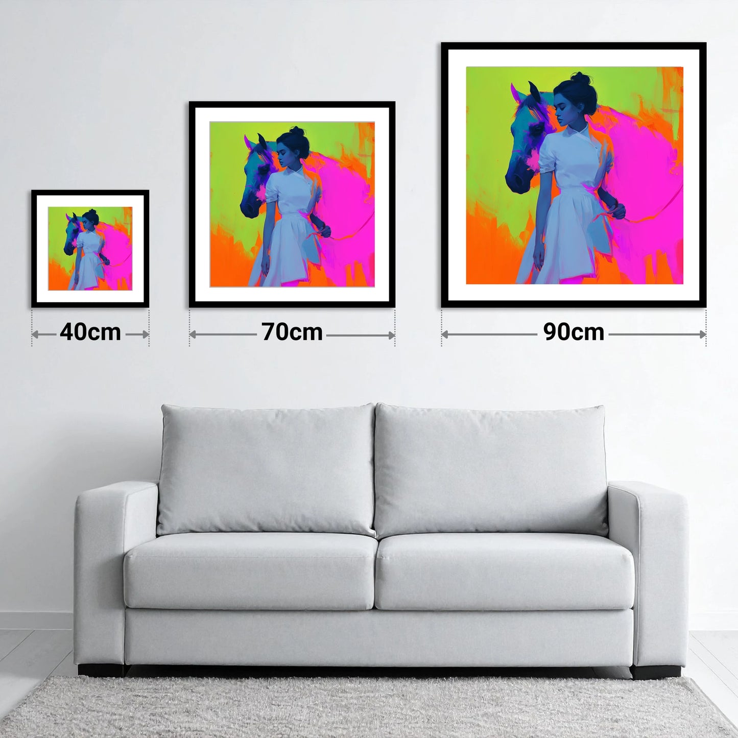 Electric Connection - size guide showing 40cm, 70cm and 90cm art prints