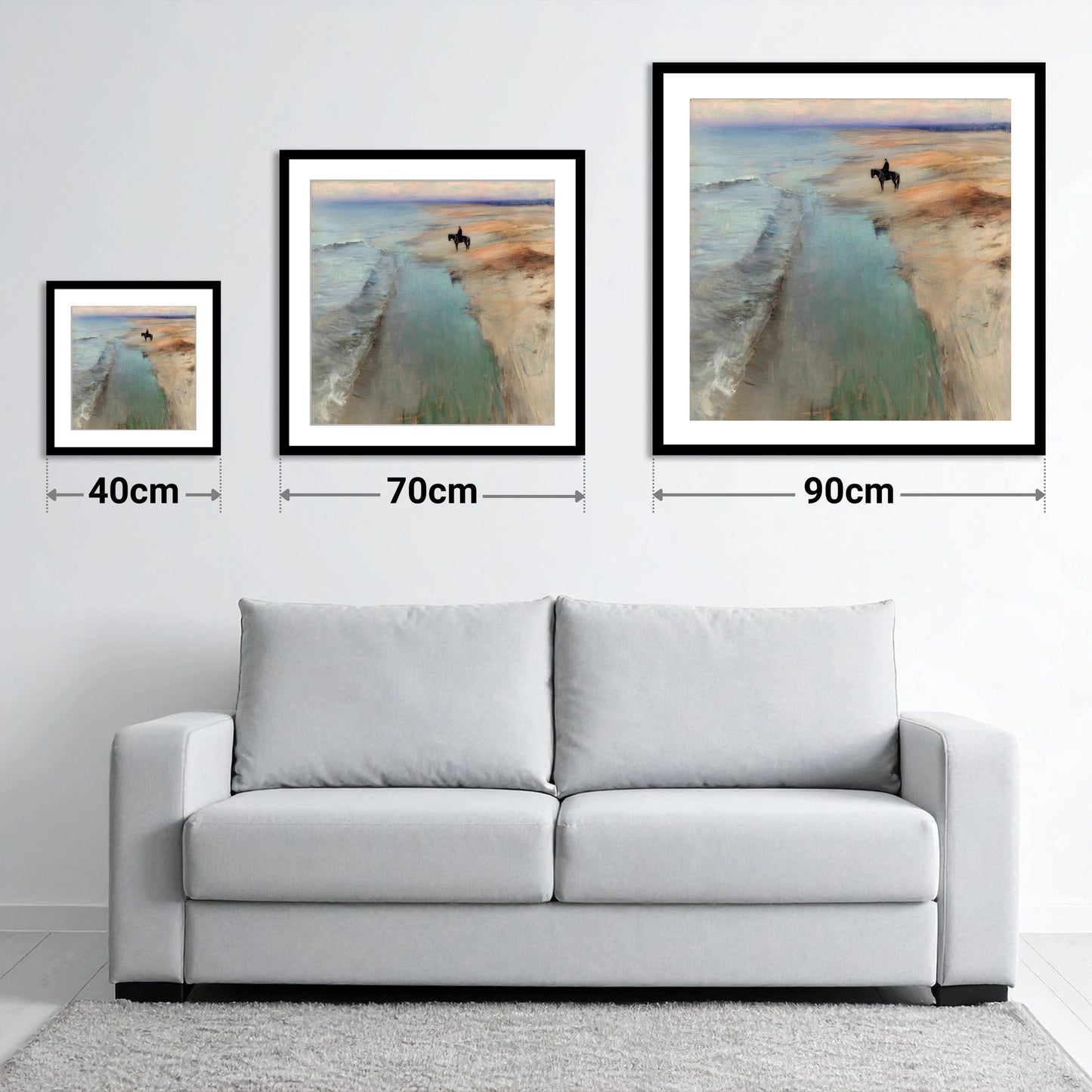 Solitude on the Sands - size guide showing 40cm, 70cm and 90cm art prints