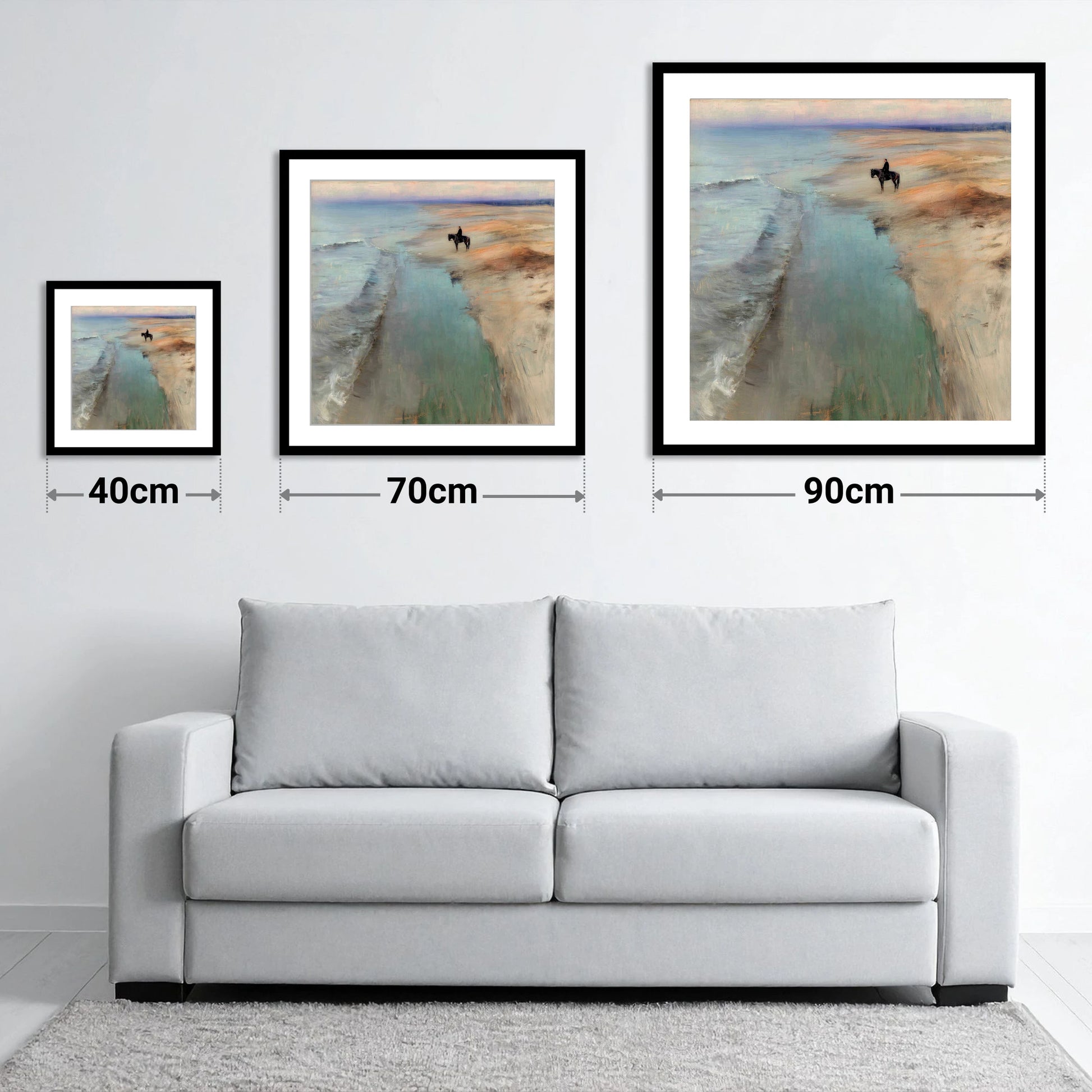 Solitude on the Sands - size guide showing 40cm, 70cm and 90cm art prints