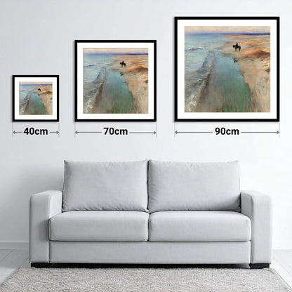 Solitude on the Sands - size guide showing 40cm, 70cm and 90cm art prints