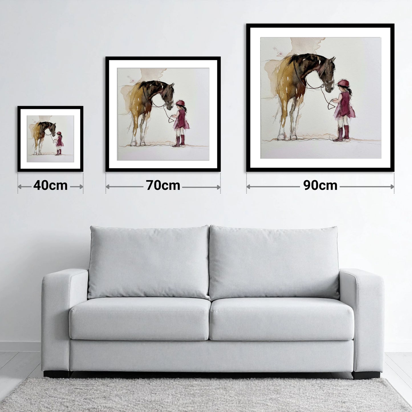 A Gentle Bond - size guide showing 40cm, 70cm and 90cm art prints