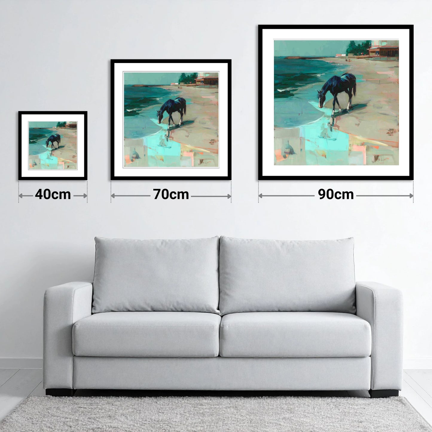 Coastal Solitude - size guide showing 40cm, 70cm and 90cm art prints