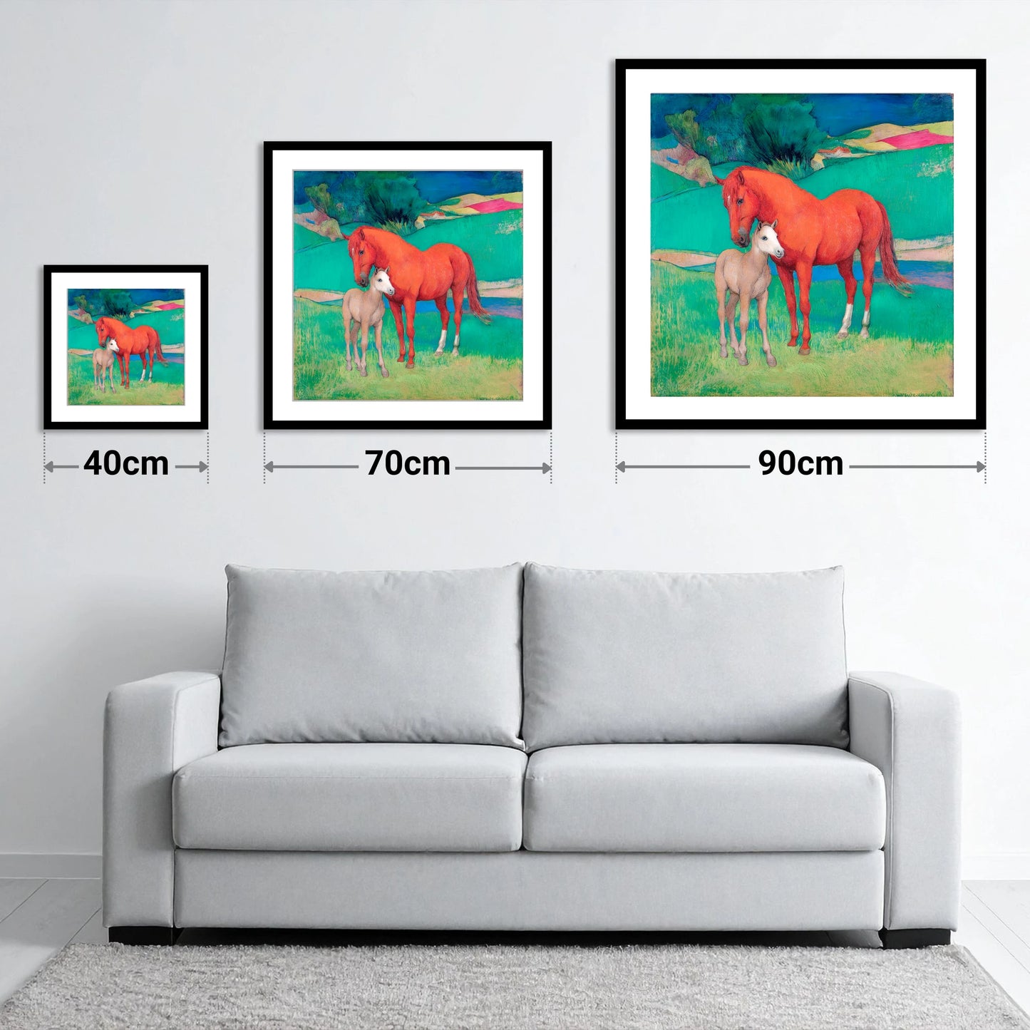 Vibrant Maternal Bond - size guide showing 40cm, 70cm and 90cm art prints
