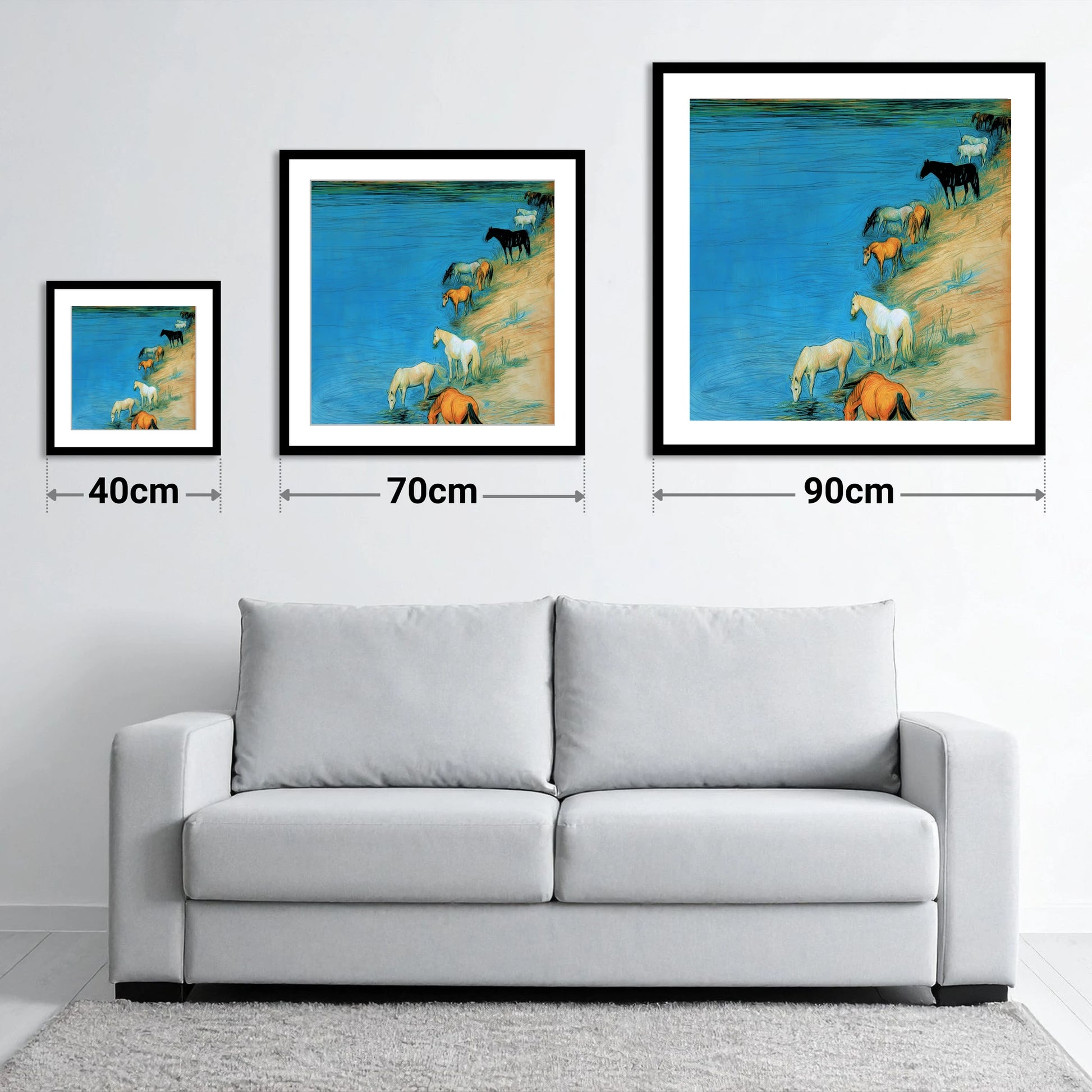 Cerulean River Herd - size guide showing 40cm, 70cm and 90cm art prints