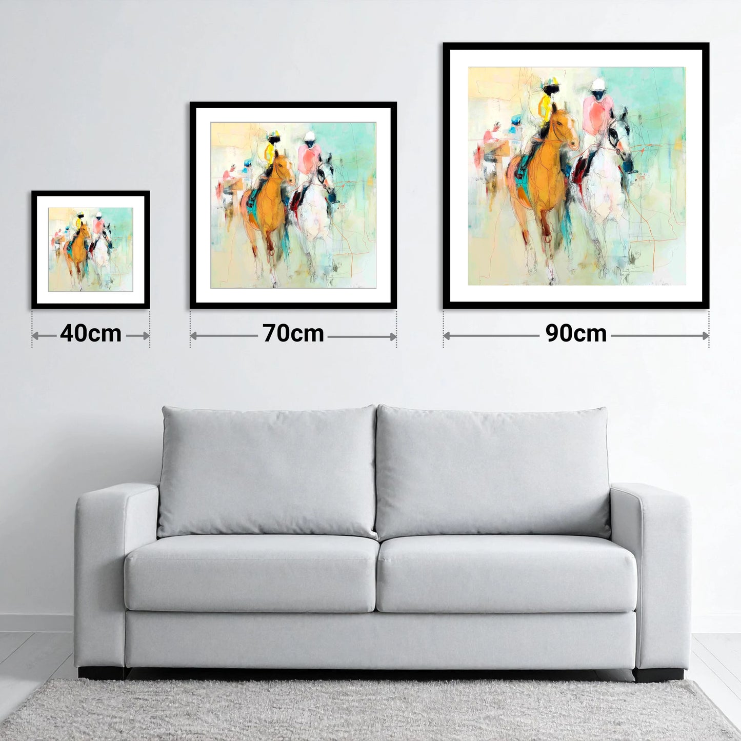 Echoes of the Turf - size guide showing 40cm, 70cm and 90cm art prints