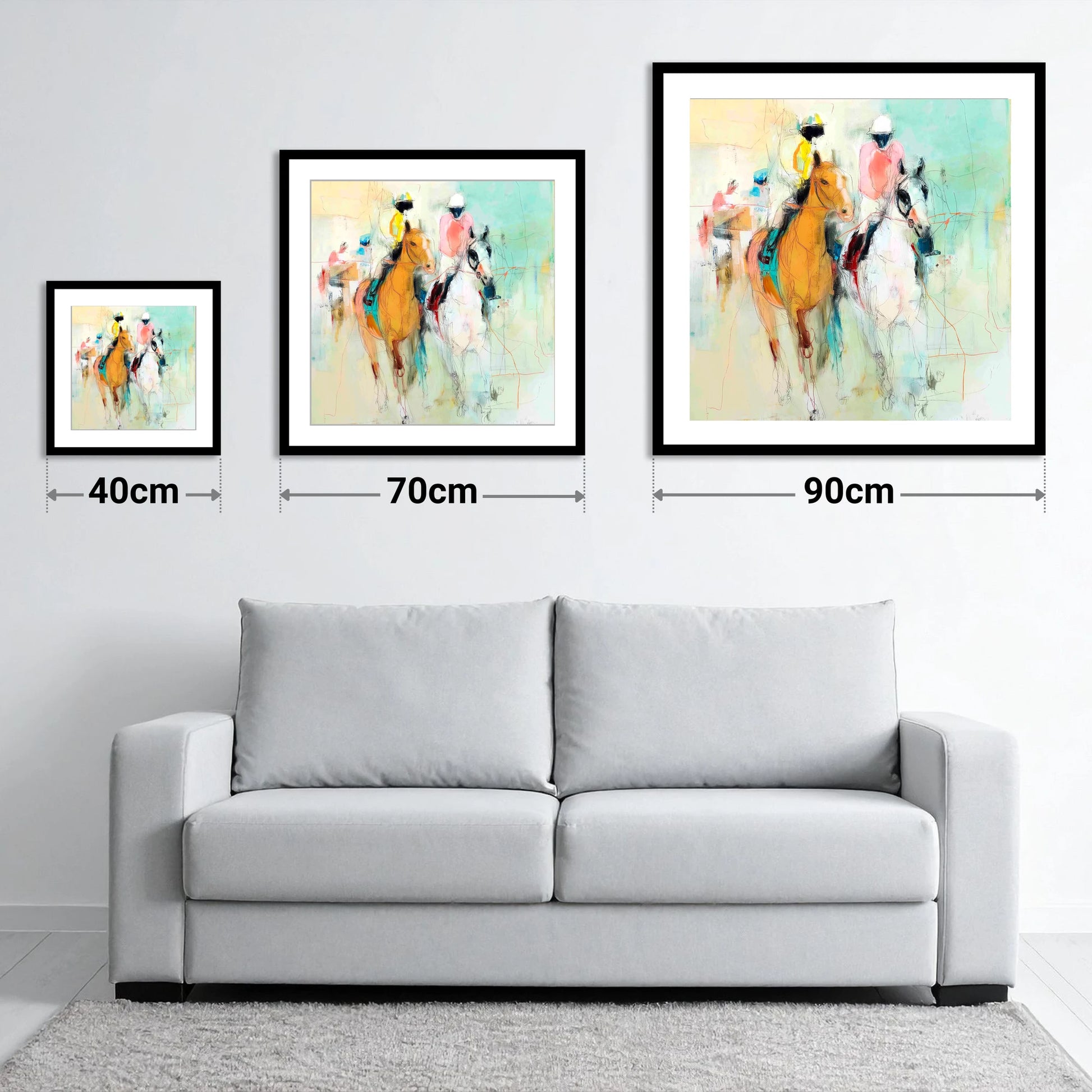 Echoes of the Turf - size guide showing 40cm, 70cm and 90cm art prints