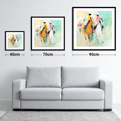 Echoes of the Turf - size guide showing 40cm, 70cm and 90cm art prints