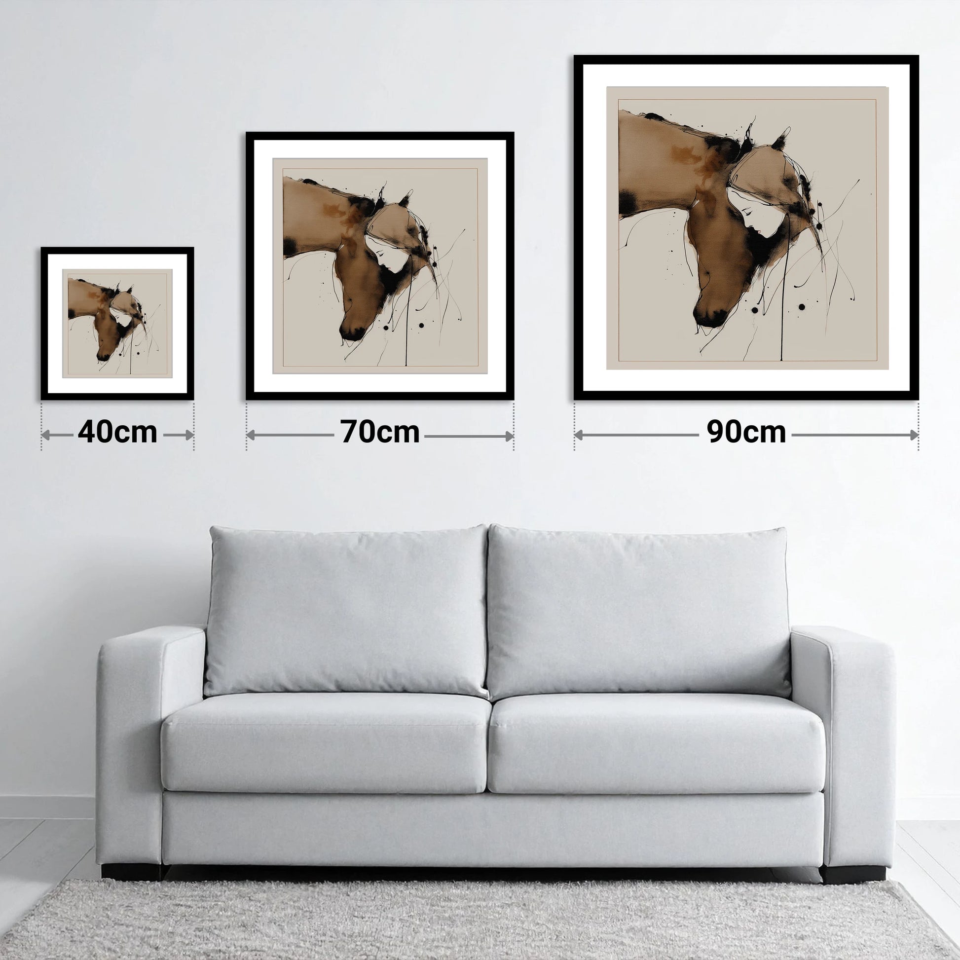 Unspoken Harmony - size guide showing 40cm, 70cm and 90cm art prints
