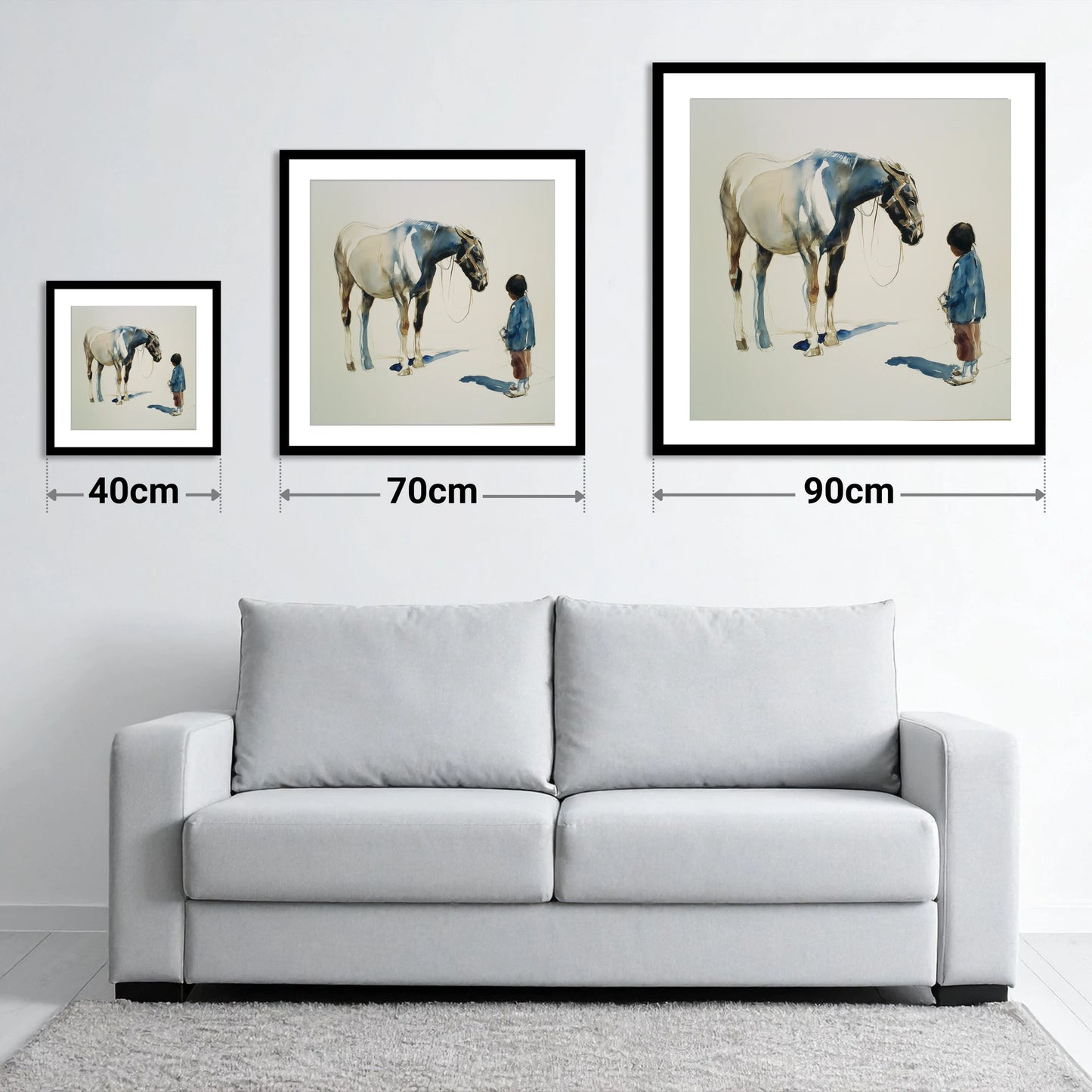 Silent Accord - size guide showing 40cm, 70cm and 90cm art prints