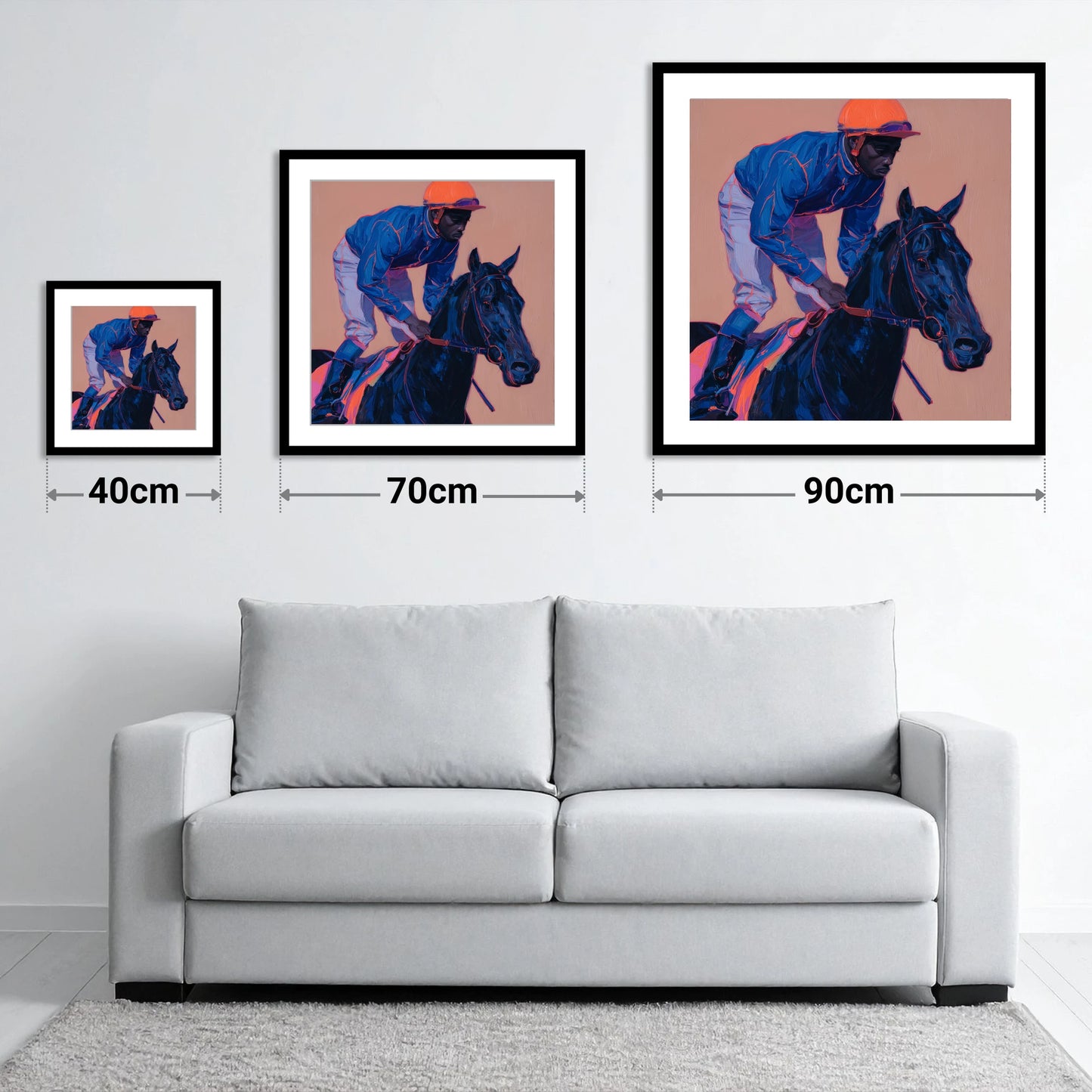 Indigo Charge - size guide showing 40cm, 70cm and 90cm art prints
