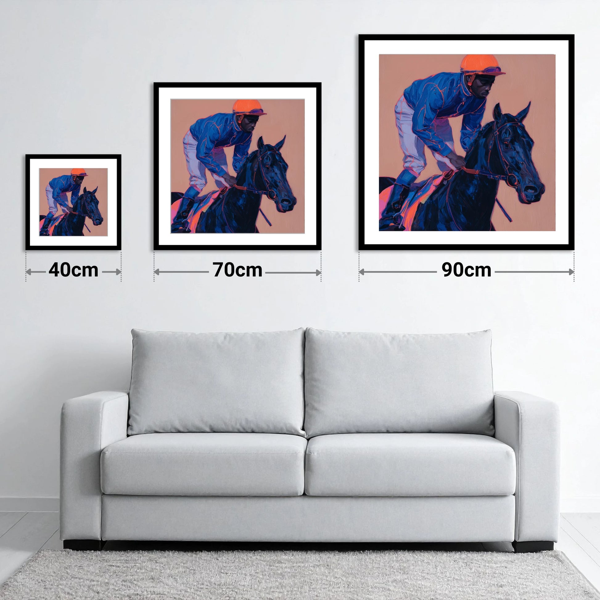 Indigo Charge - size guide showing 40cm, 70cm and 90cm art prints