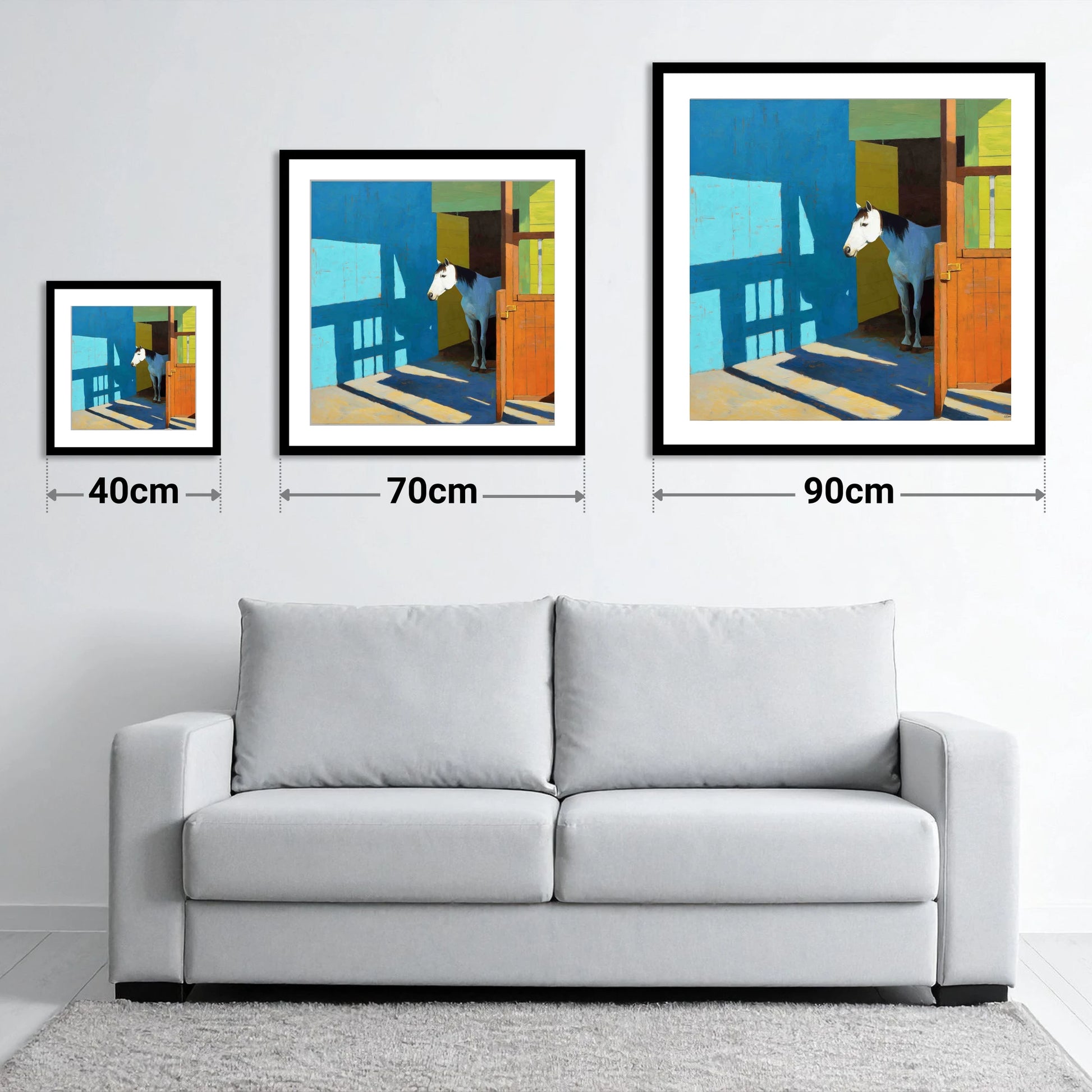 Sunlight on the Yard - size guide showing 40cm, 70cm and 90cm art prints