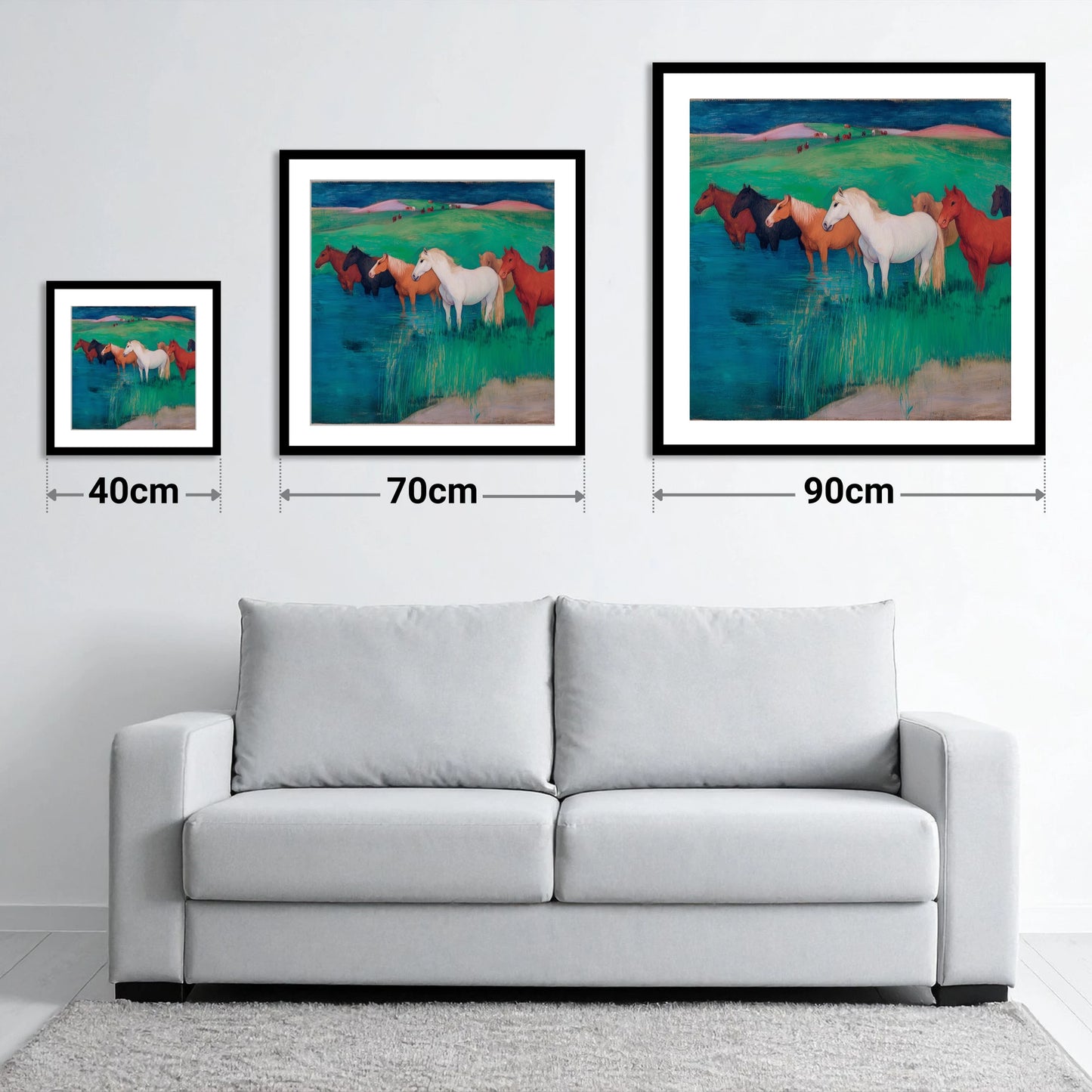The Emerald Shallows - size guide showing 40cm, 70cm and 90cm art prints