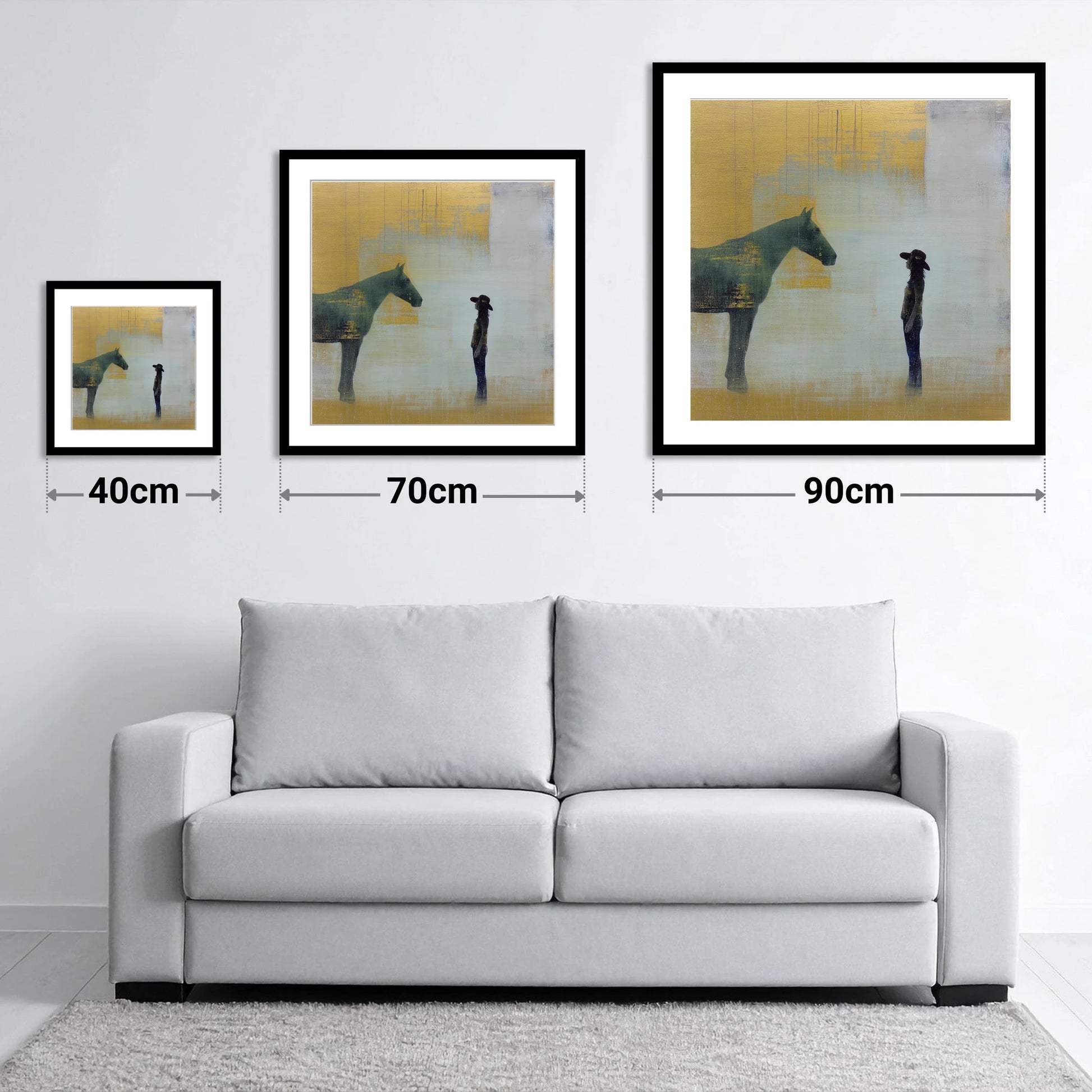 A Quiet Understanding - size guide showing 40cm, 70cm and 90cm art prints