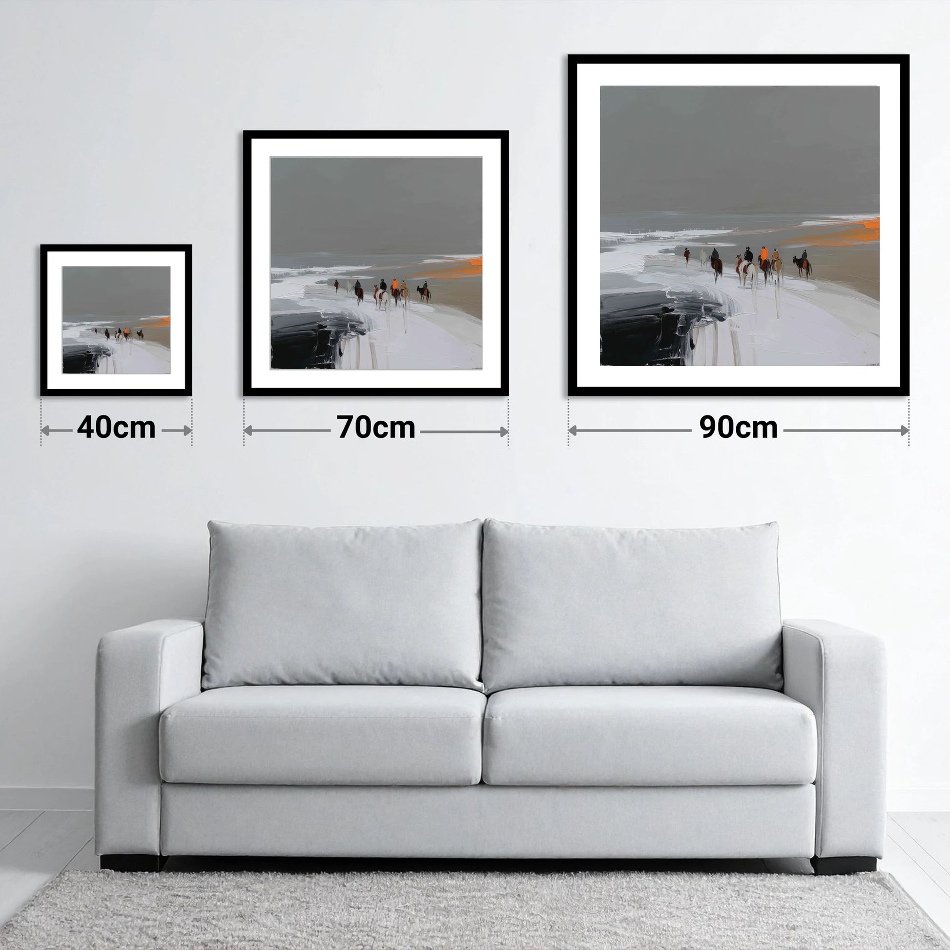 Across the Winter Expanse - size guide showing 40cm, 70cm and 90cm art prints