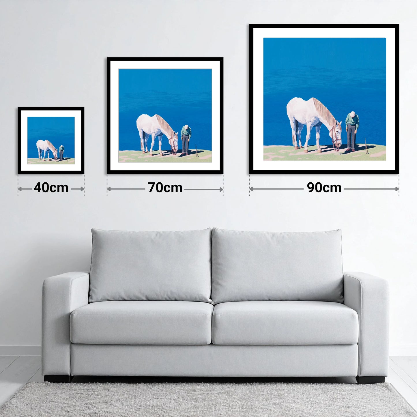 Shared Silence - size guide showing 40cm, 70cm and 90cm art prints