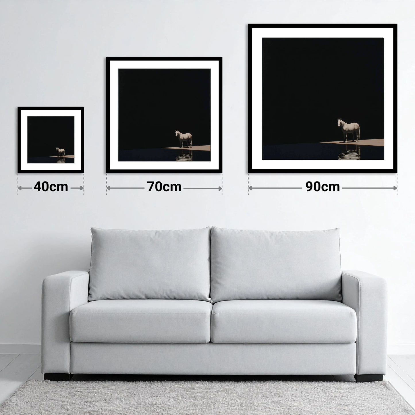 The Luminous Grey - size guide showing 40cm, 70cm and 90cm art prints