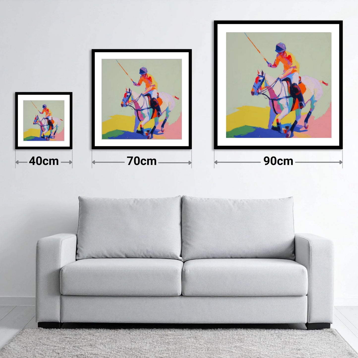 Vivid Midfield Strike - size guide showing 40cm, 70cm and 90cm art prints