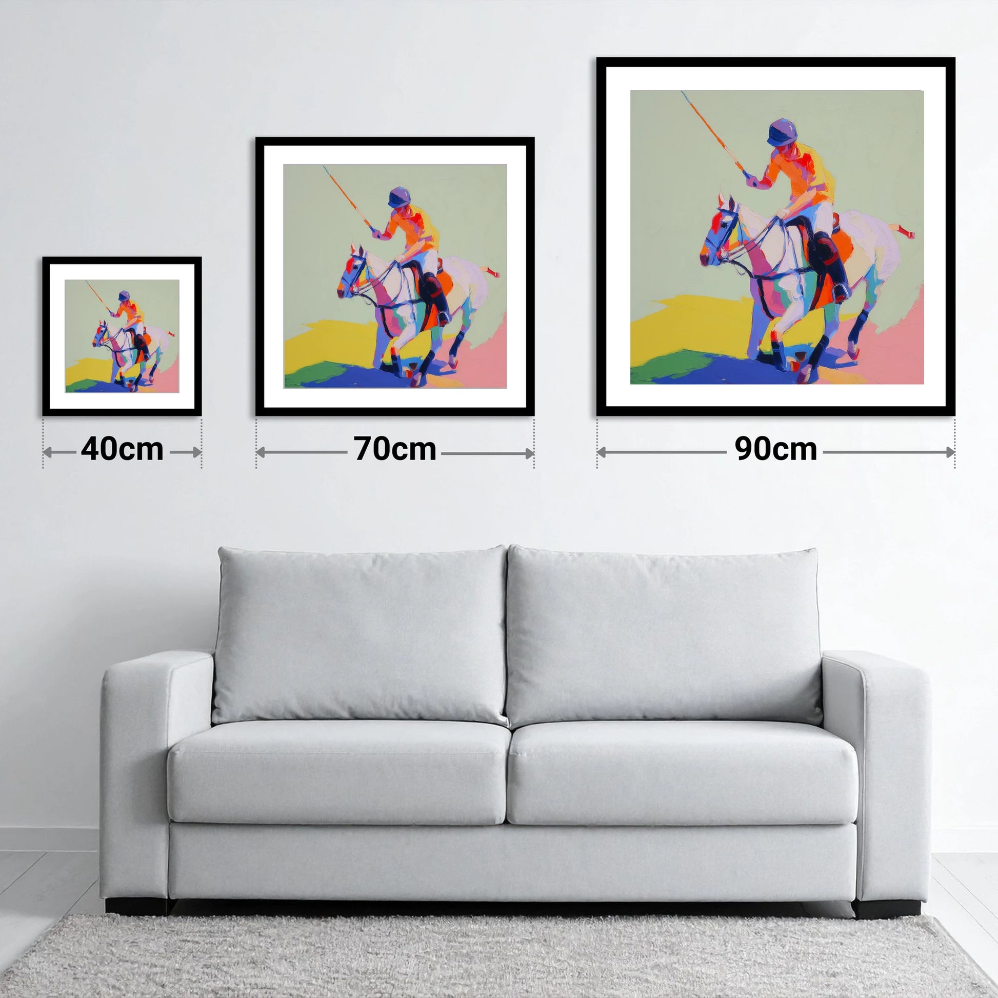 Vivid Midfield Strike - size guide showing 40cm, 70cm and 90cm art prints