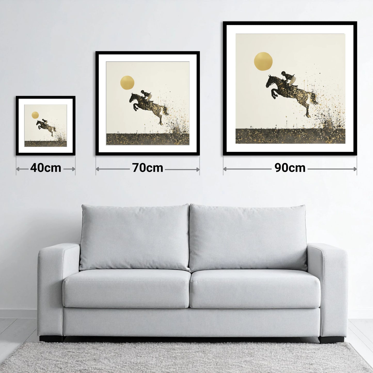 Golden Flight - size guide showing 40cm, 70cm and 90cm art prints