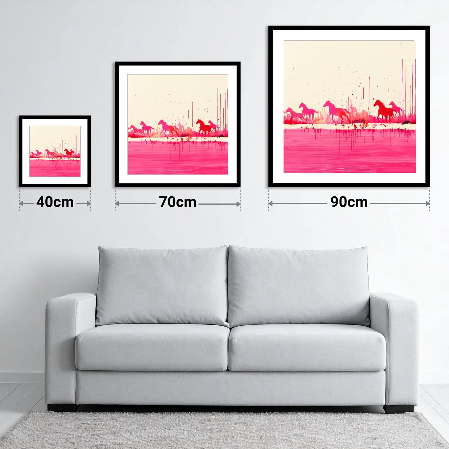 Crimson Gallop - size guide showing 40cm, 70cm and 90cm art prints