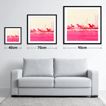 Crimson Gallop - size guide showing 40cm, 70cm and 90cm art prints