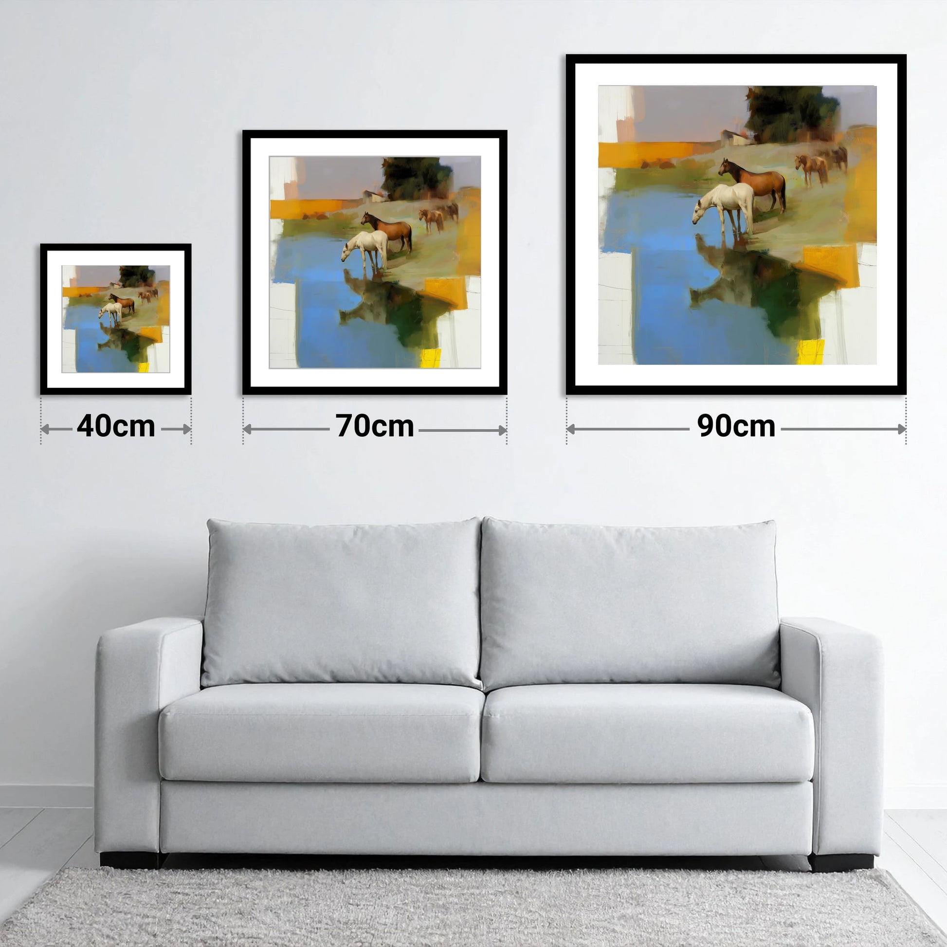 Cerulean Reflections - size guide showing 40cm, 70cm and 90cm art prints