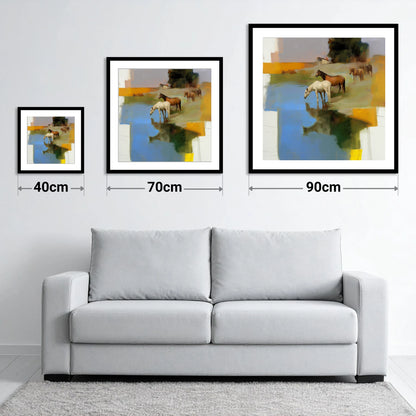 Cerulean Reflections - size guide showing 40cm, 70cm and 90cm art prints