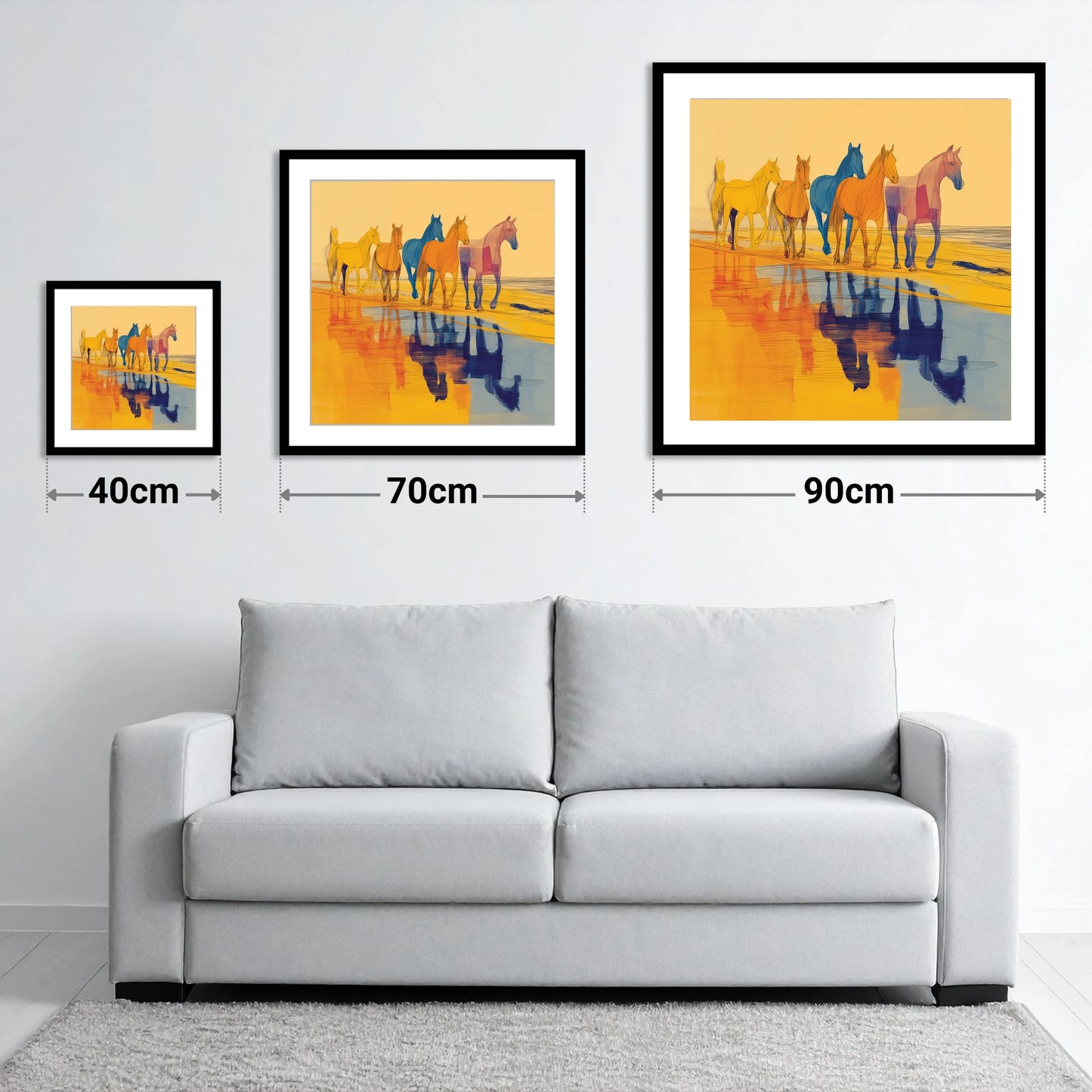 Vivid Equine Reflections - size guide showing 40cm, 70cm and 90cm art prints