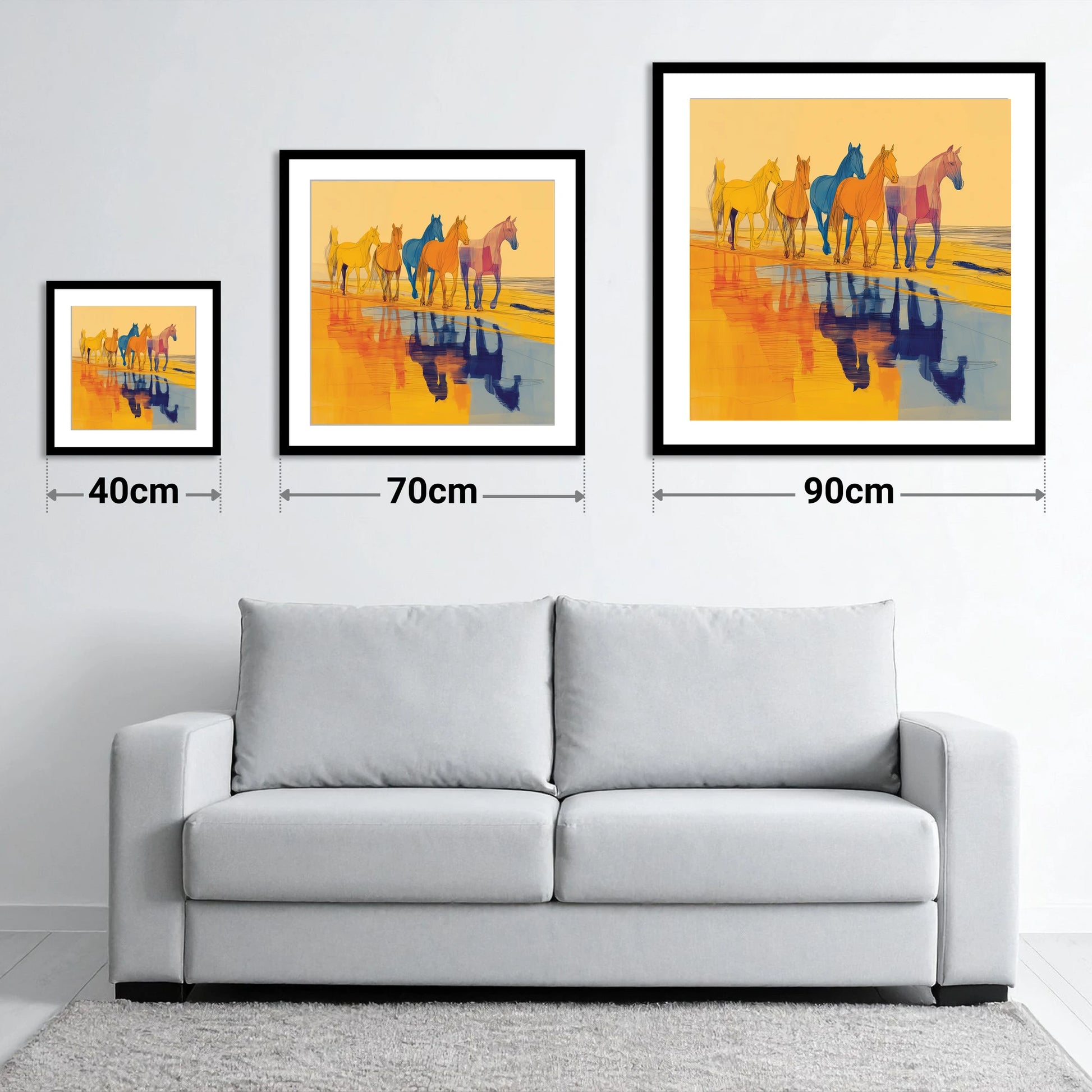 Vivid Equine Reflections - size guide showing 40cm, 70cm and 90cm art prints