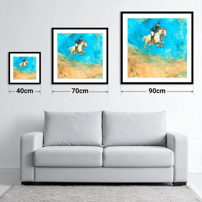 Flight in Cerulean - size guide showing 40cm, 70cm and 90cm art prints