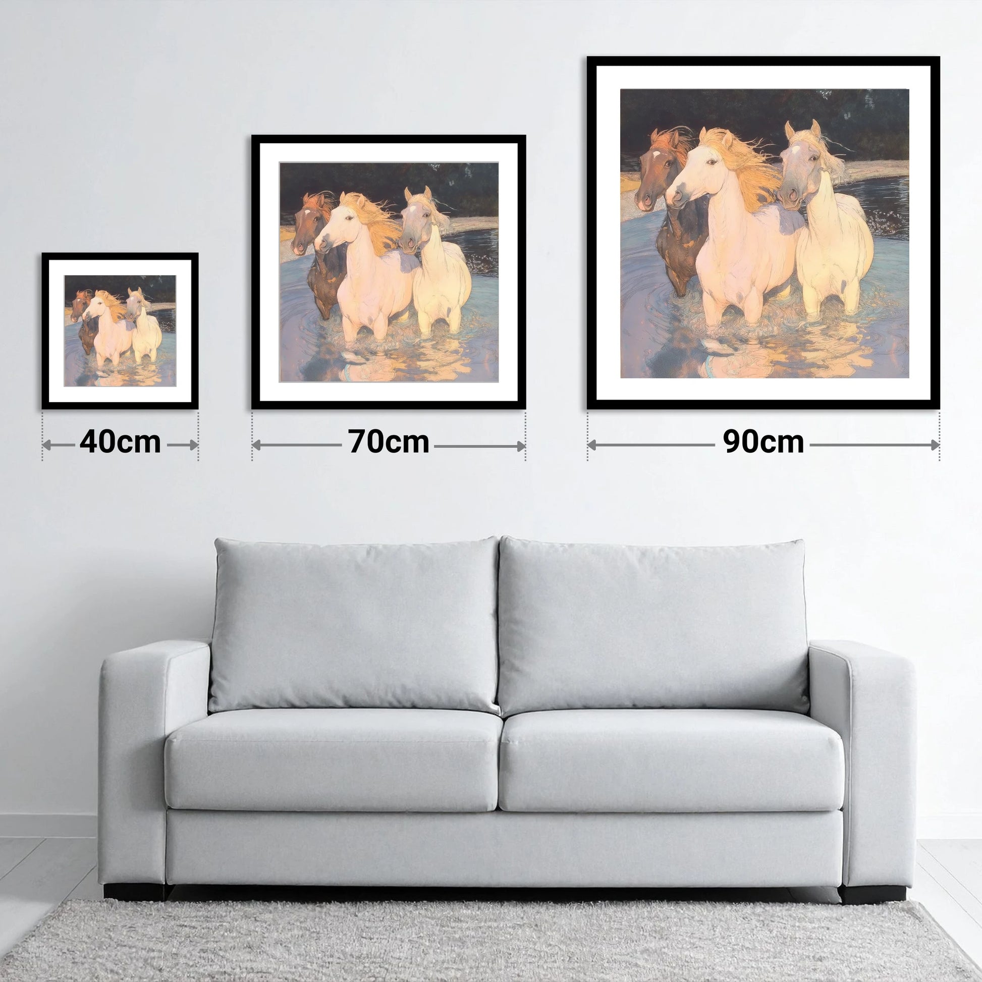 Three in the Shallows - size guide showing 40cm, 70cm and 90cm art prints