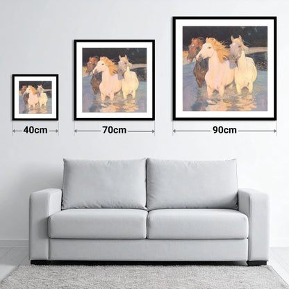 Three in the Shallows - size guide showing 40cm, 70cm and 90cm art prints