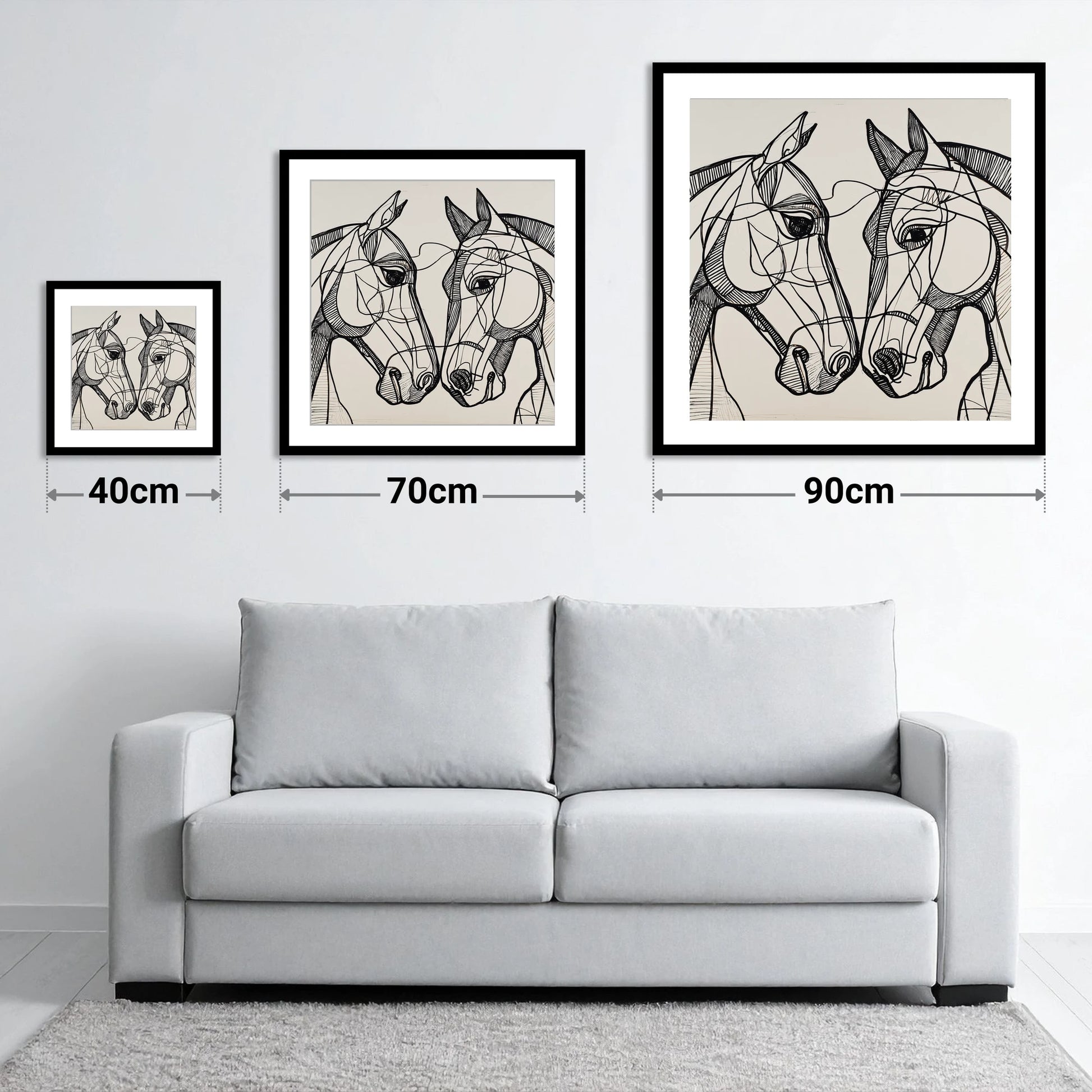 Structural Equine Bond - size guide showing 40cm, 70cm and 90cm art prints