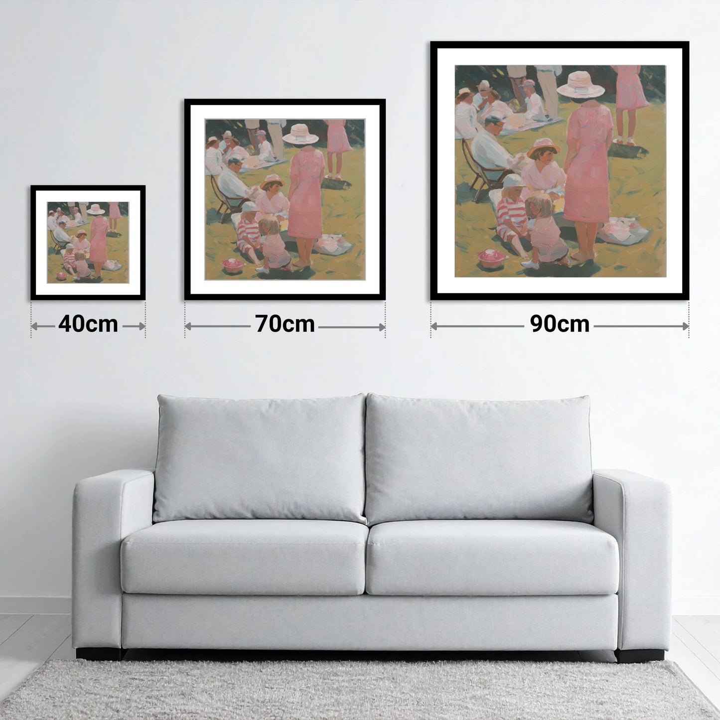 Summer Race Enclosure - size guide showing 40cm, 70cm and 90cm art prints