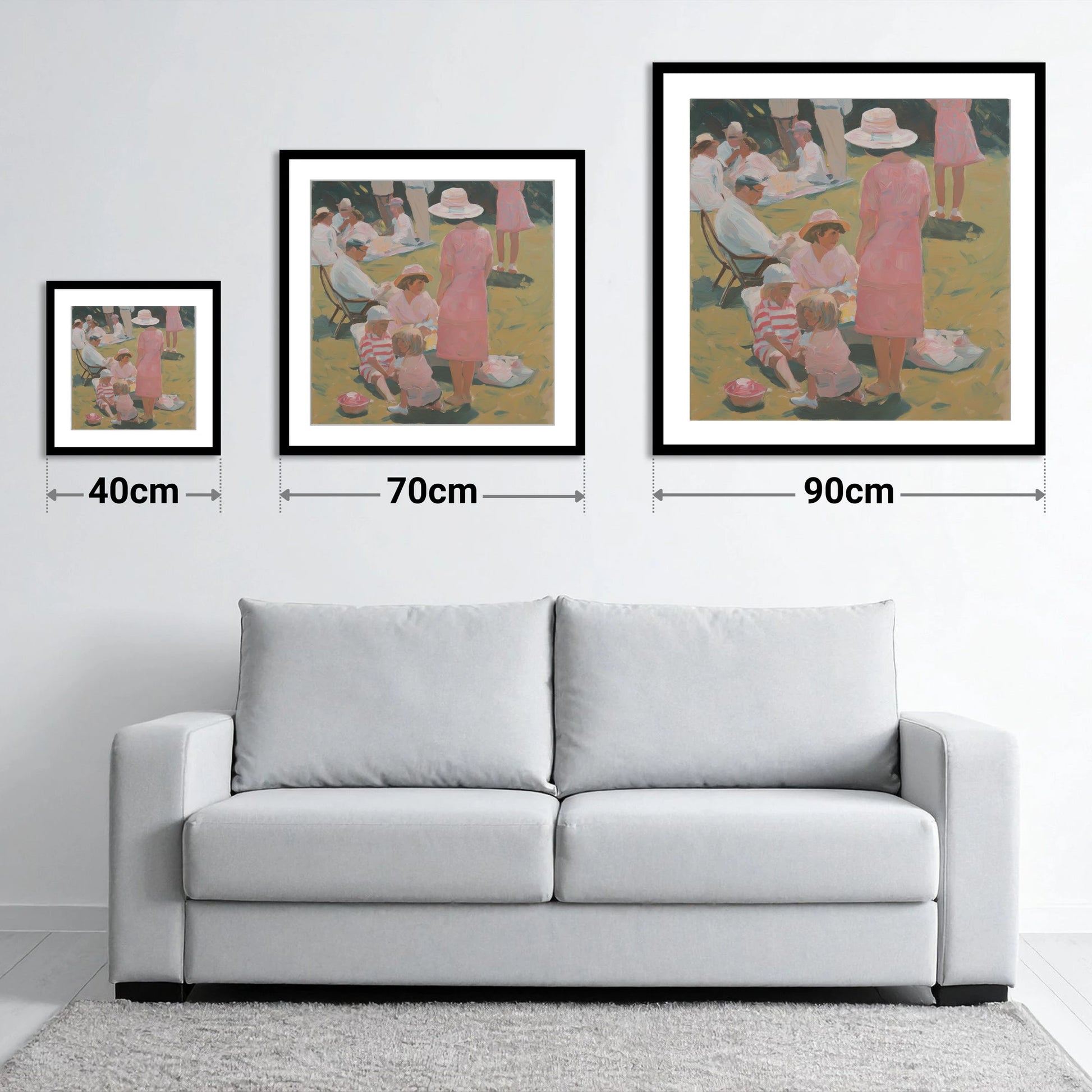Summer Race Enclosure - size guide showing 40cm, 70cm and 90cm art prints