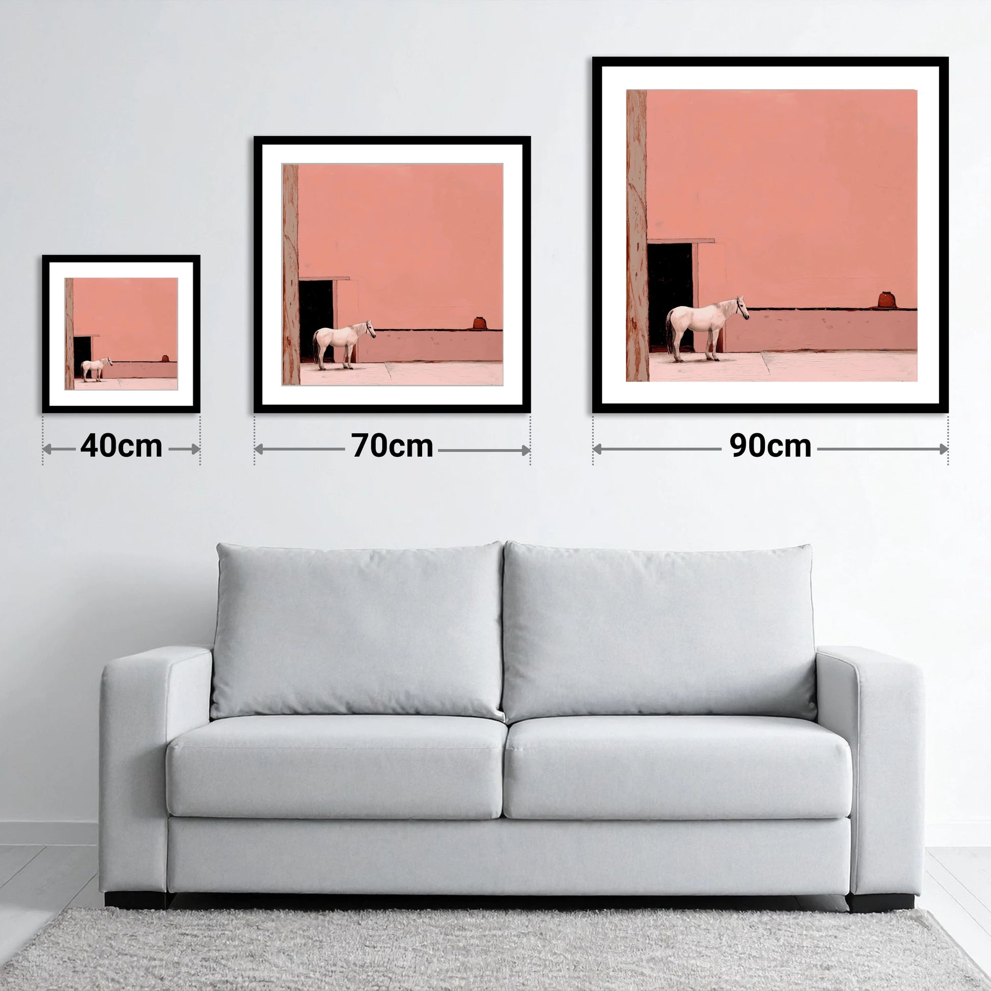 Rose Courtyard Stillness - size guide showing 40cm, 70cm and 90cm art prints