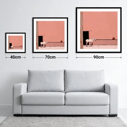 Rose Courtyard Stillness - size guide showing 40cm, 70cm and 90cm art prints