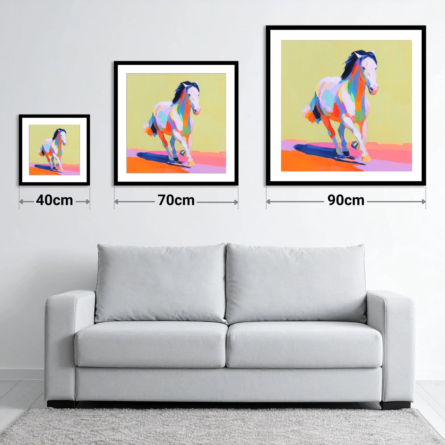 Technicolour Canter - size guide showing 40cm, 70cm and 90cm art prints