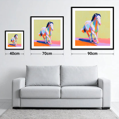 Technicolour Canter - size guide showing 40cm, 70cm and 90cm art prints