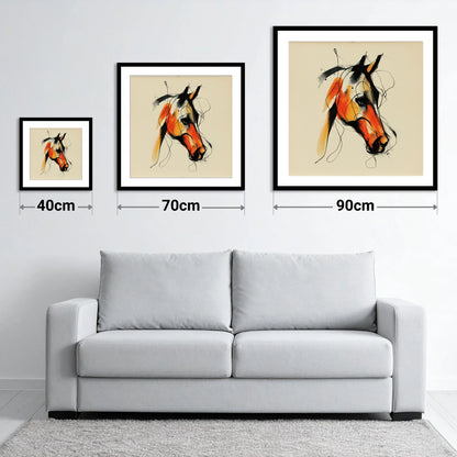 Vivid Amber Equine - size guide showing 40cm, 70cm and 90cm art prints