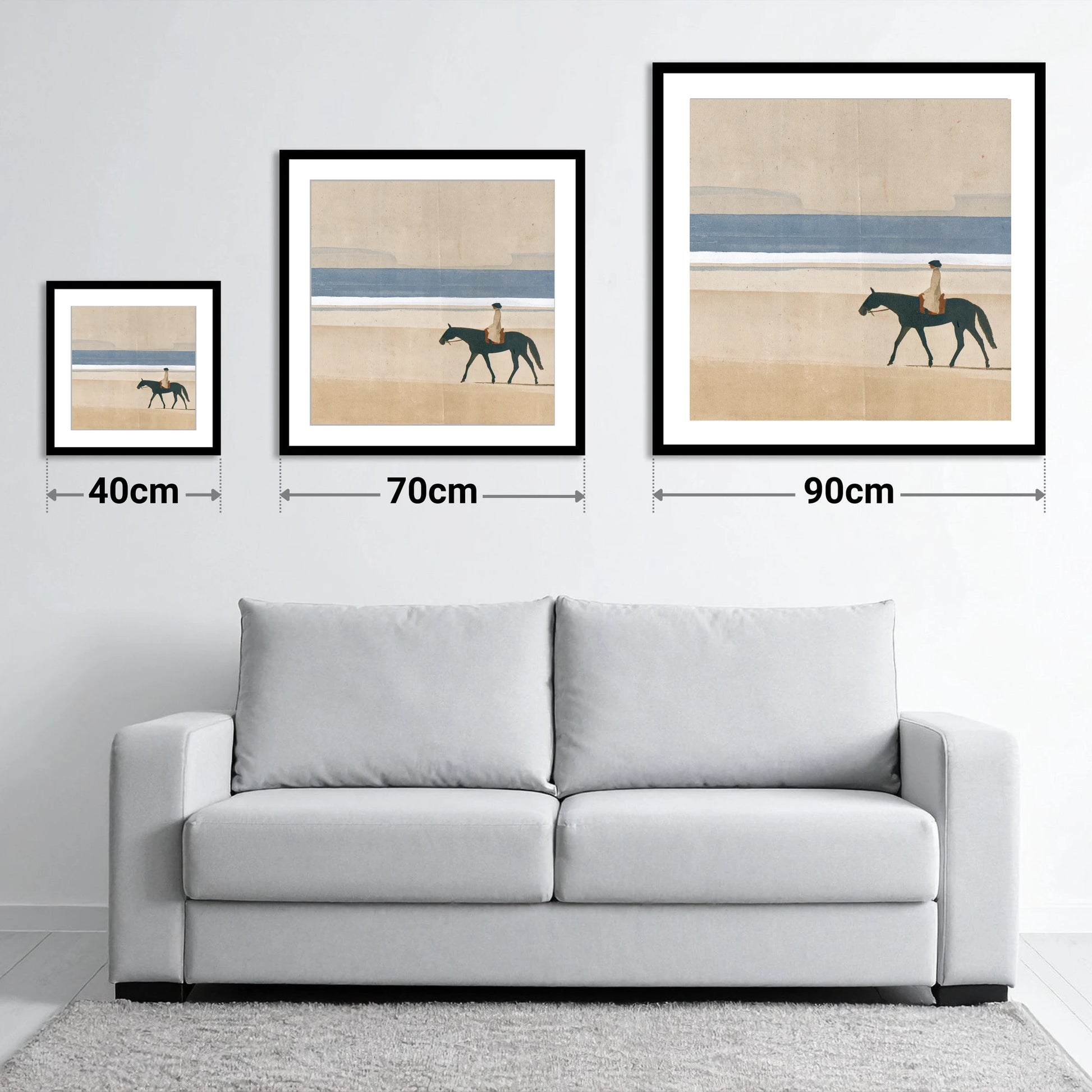 Tide Line Tranquillity - size guide showing 40cm, 70cm and 90cm art prints