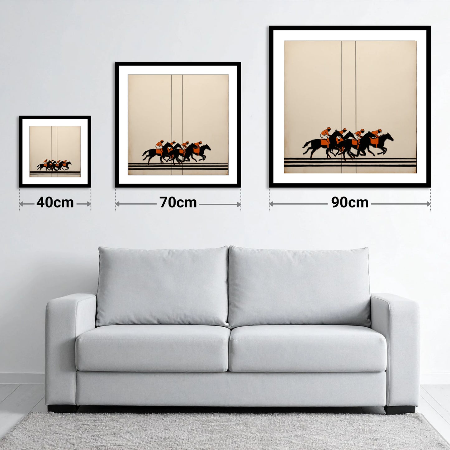 The Orange Silks - size guide showing 40cm, 70cm and 90cm art prints