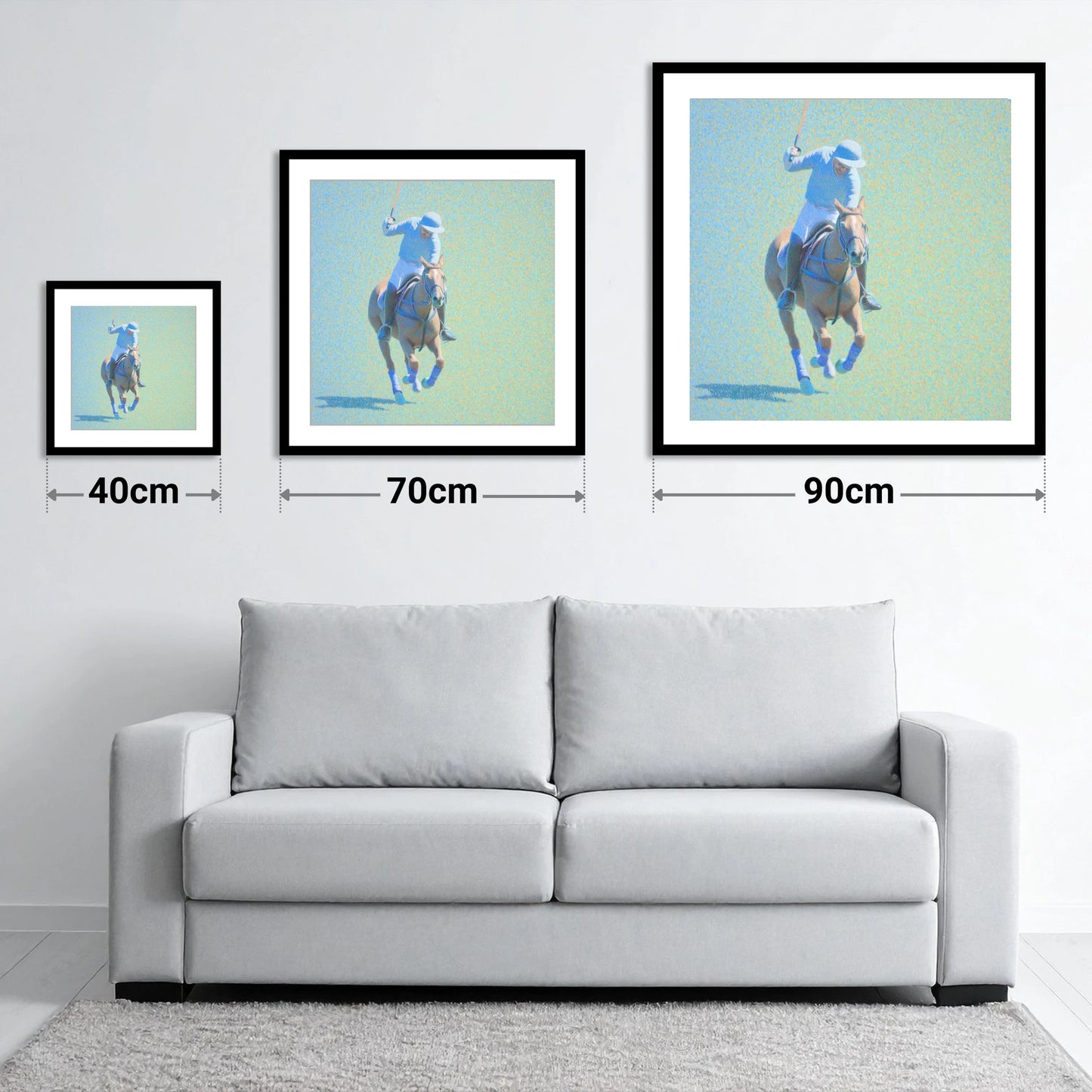 The Shimmering Chukka - size guide showing 40cm, 70cm and 90cm art prints